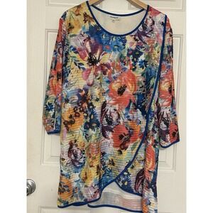 Serengeti Boho Mesh Floral Artsy Blouse Tunic Overlay Top Colorful Women Size 2X